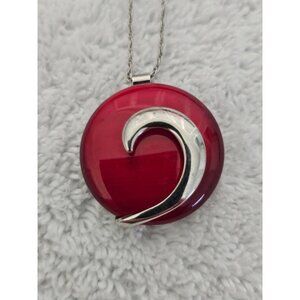 Vintage Red & Silver Abstract Pendant Necklace 16" Silver Tone Chain Retro